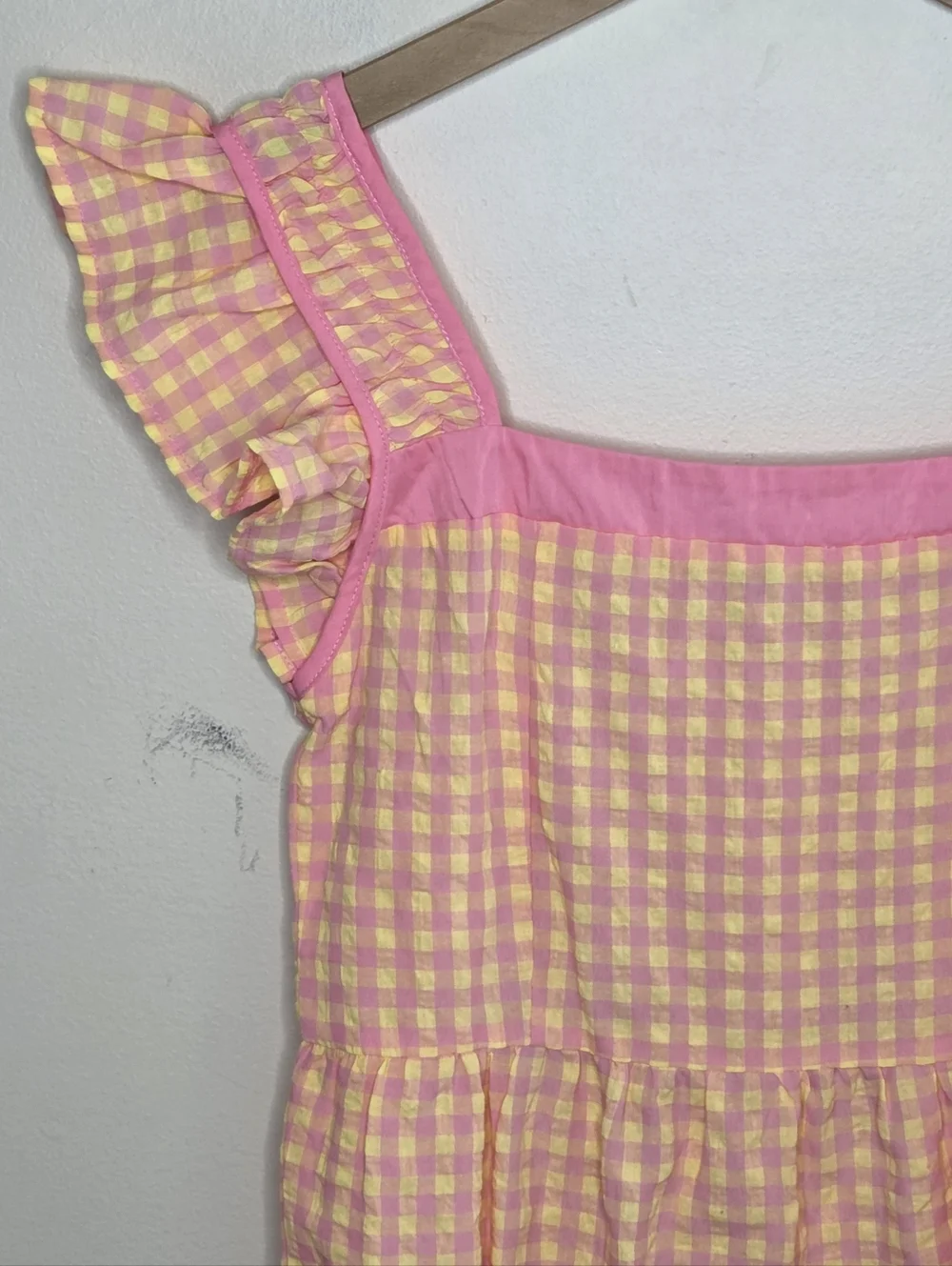 Umgee Pink Yellow Gingham Smocked Ruffle Sleeve Midi Dress Size Small - Picture 3 of 7